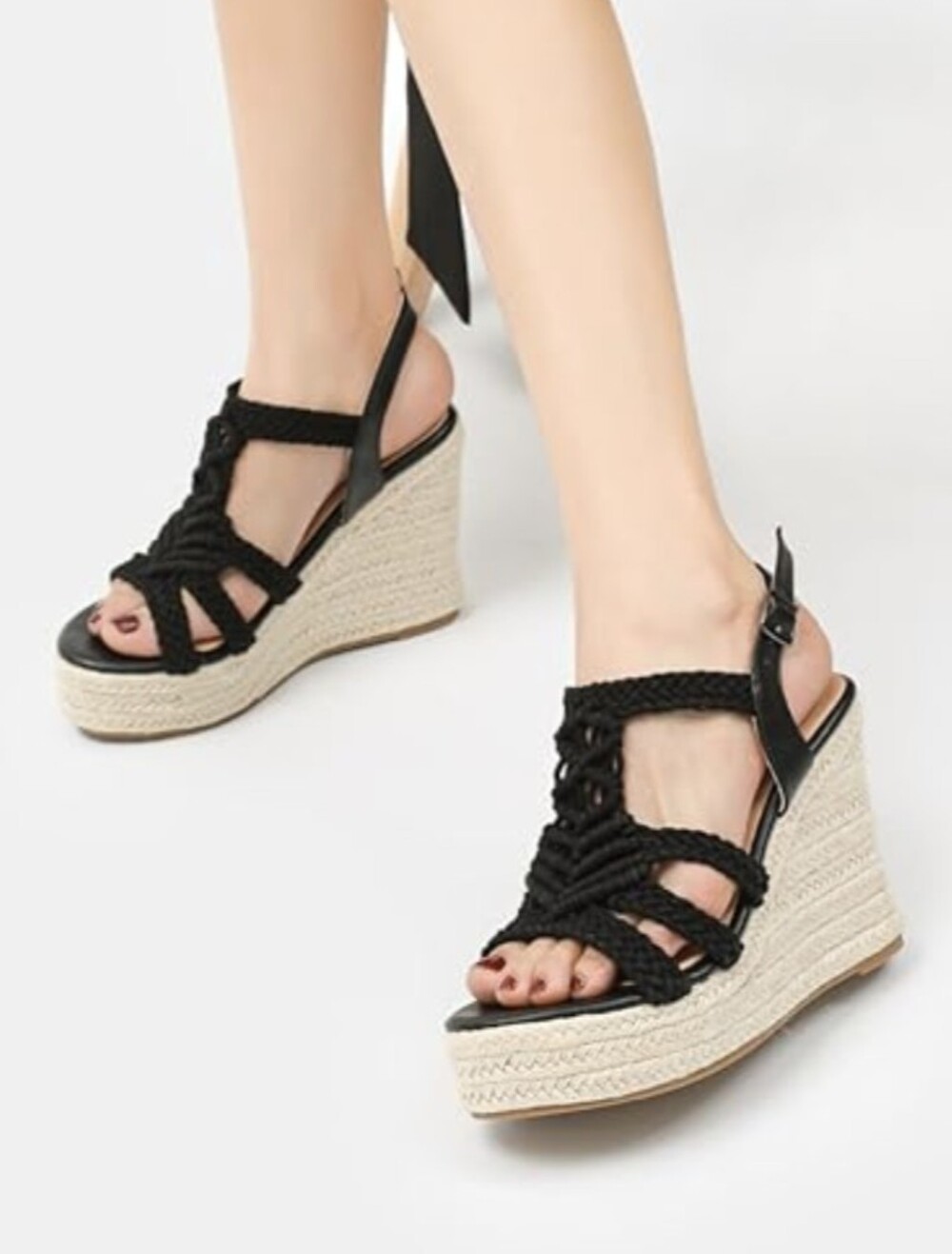 Braided Wedge Espadrilles Sandals Platform Heels Black Tan Raffia Size 6